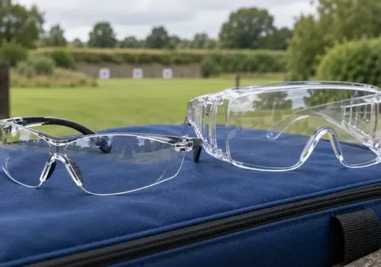 Illustration of clear protective glasses and an over-glasses model on a blue range bag