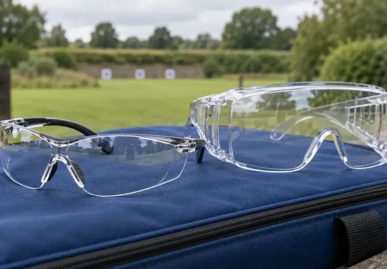 Illustration of clear protective glasses and an over-glasses model on a blue range bag