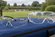 Illustration of clear protective glasses and an over-glasses model on a blue range bag